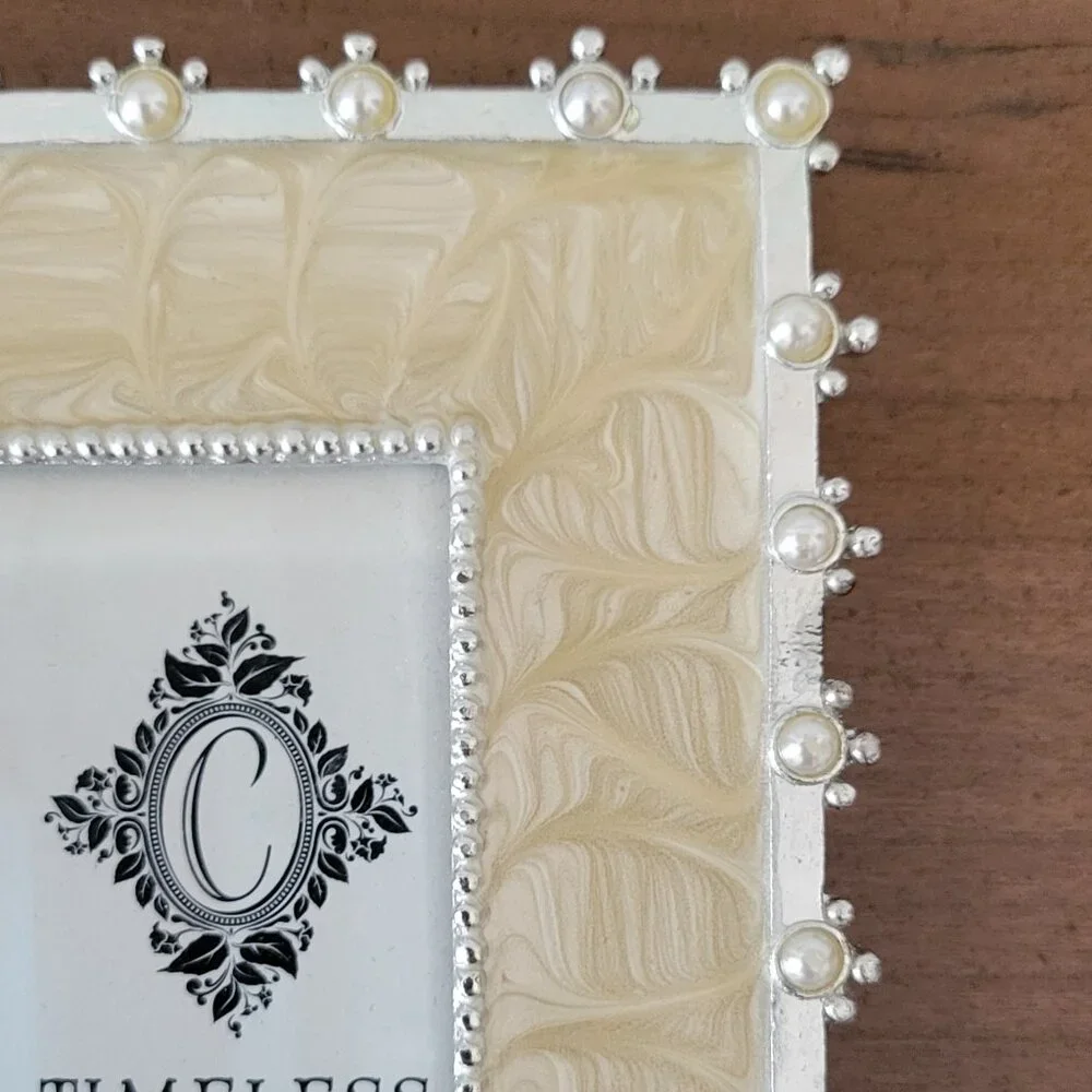 5x7 Pearl Embellished Picture Frame Cream Silver Wedding Cottage Chic Decor